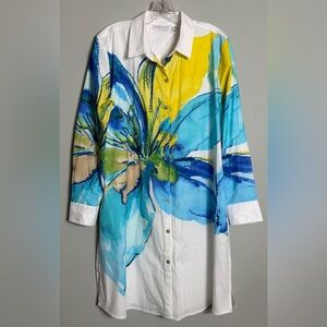 Susan Graver Blue and Yellow Floral long shirt Size XS